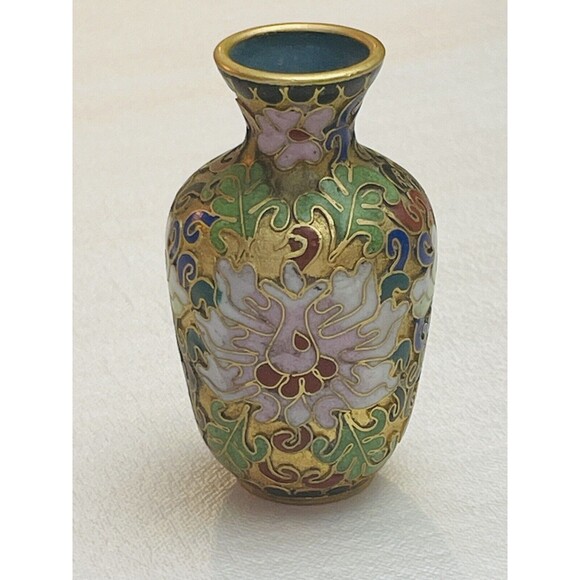 VTG Antique Chinese Cloisonne Enamel Brass Bud Vase Miniature 3” Floral Lotus - Picture 2 of 12